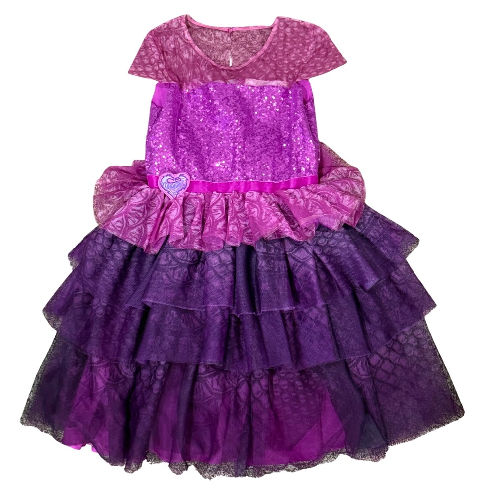 HTF Disney Store Descendants Mal Costume Dress Purple Sequin Tiered Girls 11/12